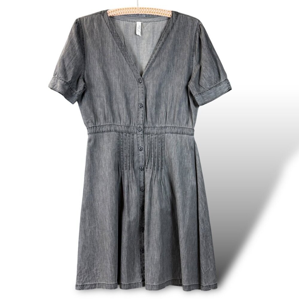 L Love Denim Dress Womens Sz L Grey Wash Chambray Puff Sleeve Pintuck Button-Up